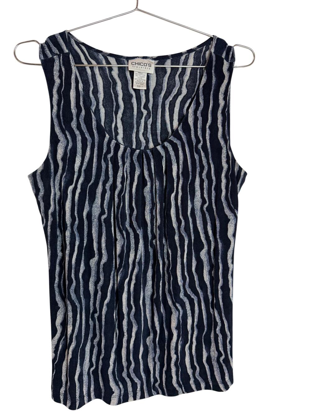Chicos Travelers Tank Top Womens 1 Blue Striped Sleeveless Scoop Neck Stretch